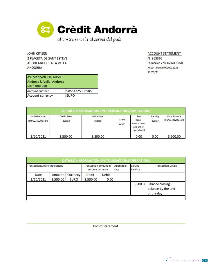 Download Andorra Credit Andorra bank statement excel Photoshop template